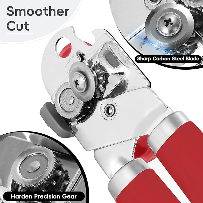 Can Opener Manual, UHIYEE Hand Held Manual Can Openers Heavy Duty with Smoother Cut Sharp Blade, Manual Hand Can Open with Soft Handle, Easy to Turn Knob, Magnetic Lid Lifter, Red