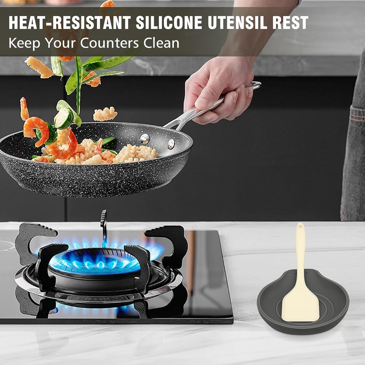 Silicone Spoon Rest for Stove Top - BPA-Free, Heat-Resistant Spoon Holder - Spoon Rest for Kitchen Counter - Large Cooking Utensil Rest for Spoons, Spatulas, Ladles or Tongs - Black
