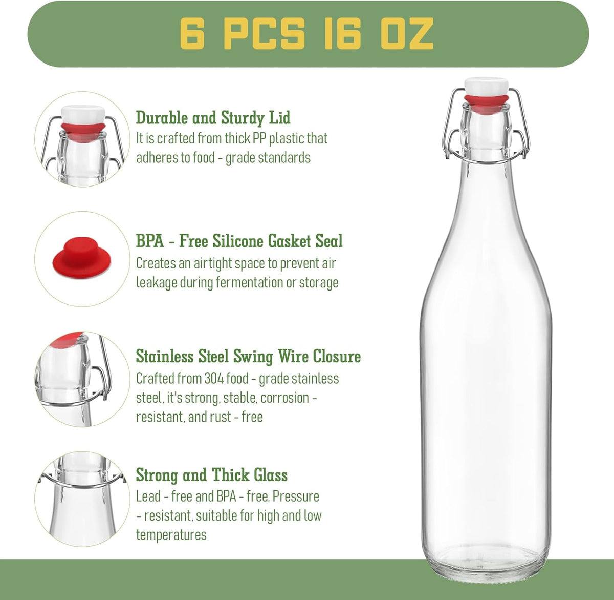 6 Pack [0.48 Liter / 16 fl. oz.] Swing Top Glass Bottles – Airtight Flip Top Brewing Bottles for Kombucha, Beer, Wine, Kefir, Soda, Liquor – Includes Funnel, 2 Pourers, 6 Seals, 8 Labels & Jute Twine