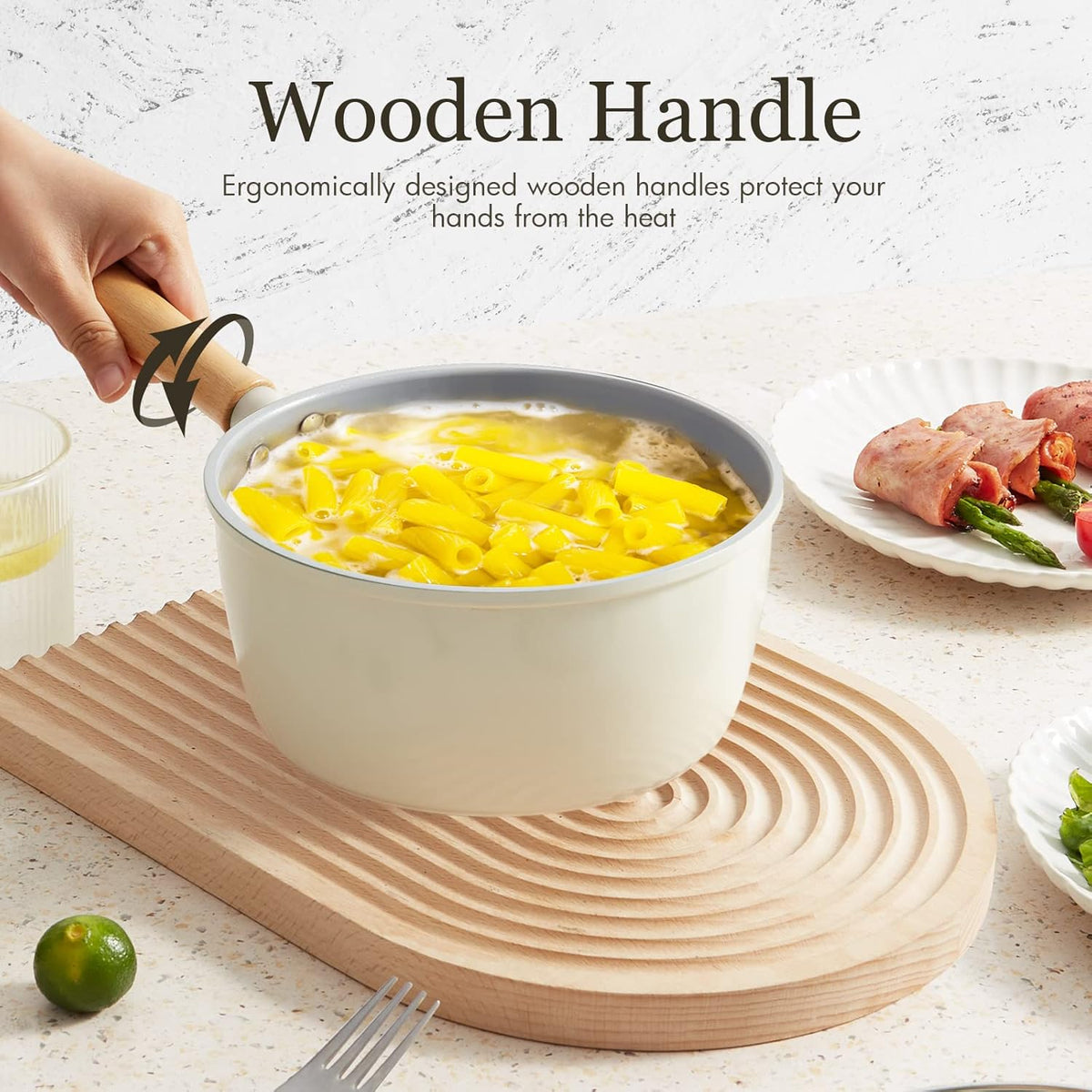 ROCKURWOK Ceramic Nonstick Sauce Pan with Lid, 1.5 Qt Small Pots for Cooking, Small Pot Wooden Handle for Cool Touch, Non Toxic & Pfas-Free Saucepan, Universal Base(Gas, Electric & Induction), White