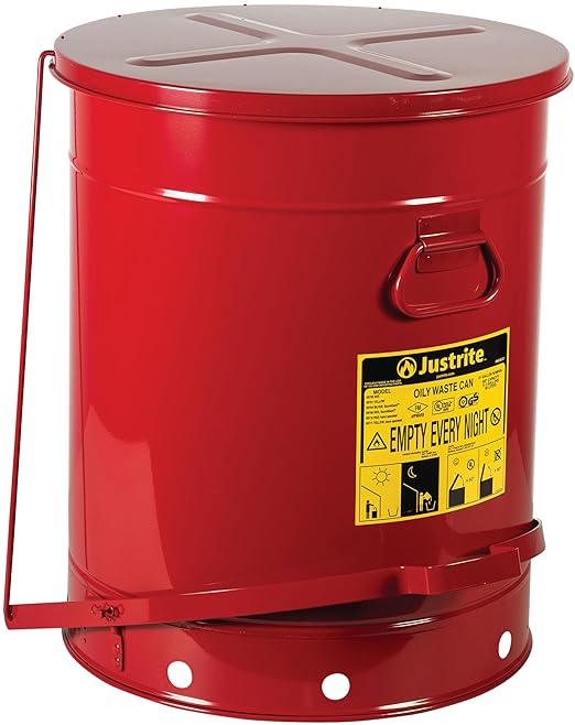 Justrite 21 Gallon Galvanized Steel Oily Waste Can, 23.5" x 18" Metal Oil Rag Safety Can with Quiet Foot Operated Self-Closing Lid for Oil Rag Disposal, Made in The USA, Red, 09708