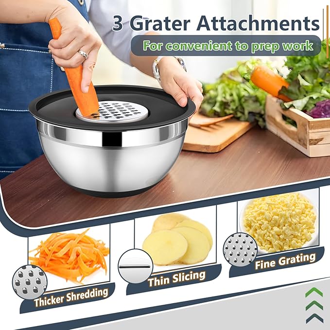 P&P CHEF Mixing Bowl with Lids Set of 3, Stainless Steel Nesting Salad Bowls for Serving Preparing, 3 Grater Attachments & Non-Slip Bottoms, Size 1.5/2.6/4.6 QT, Black