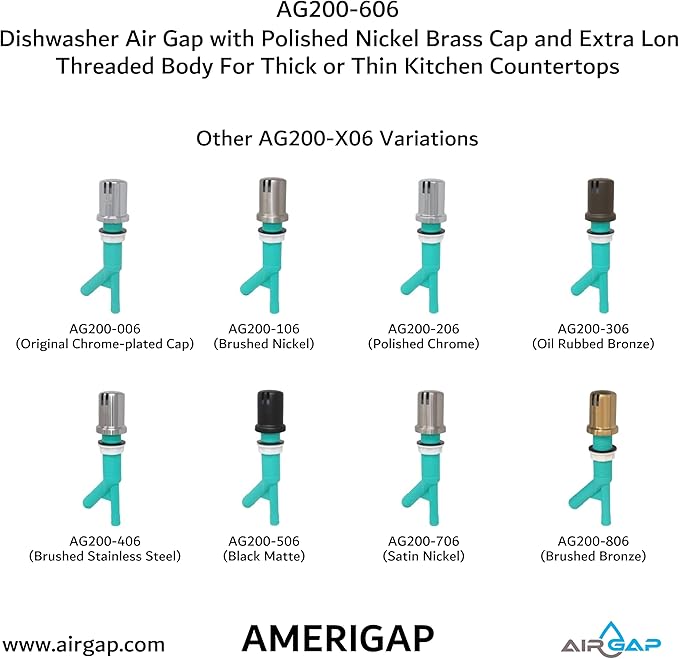 Dishwasher Air Gap with Skirted Polished Nickel Brass Cap and Extra Long Threaded Body for Thick or Thin Kitchen Countertops (AG200-606, AG200-X06, AMERIGAP)