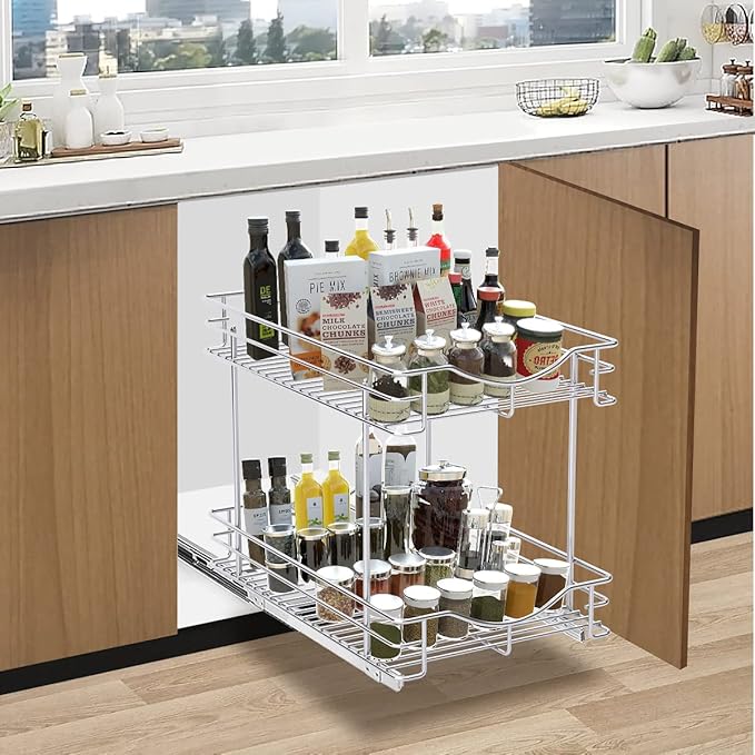 Fulgente Chrome Finish Pull Out Drawers Cabinet Organizer, Professional Large Wire Basket Frame 2 Tier Heavy Duty Slide Out Kitchen Storage Organizations Shelves Sliding Pantry 11"W x 18"D x 15.12"H