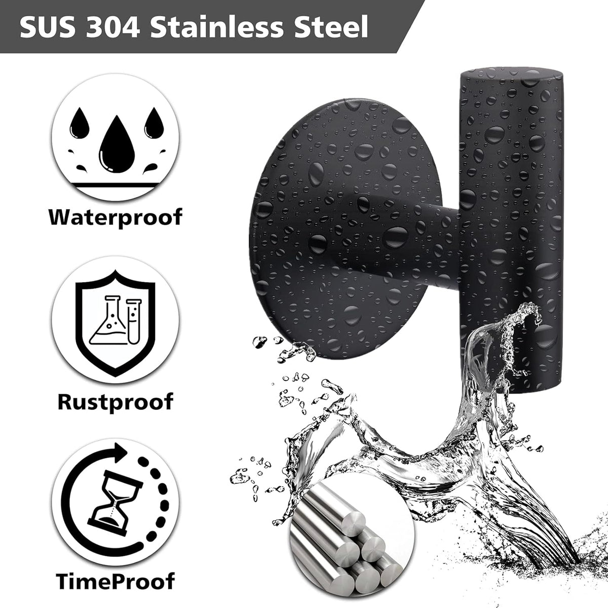 Adhesive Towel Hooks, Heavy Duty Wall Hooks Stainless Steel Waterproof Shower Towel Hooks, Coat Hook for Hanging Clothes, Adhesive Hooks for Bathroom, Glass Window- 4 Pack, Black