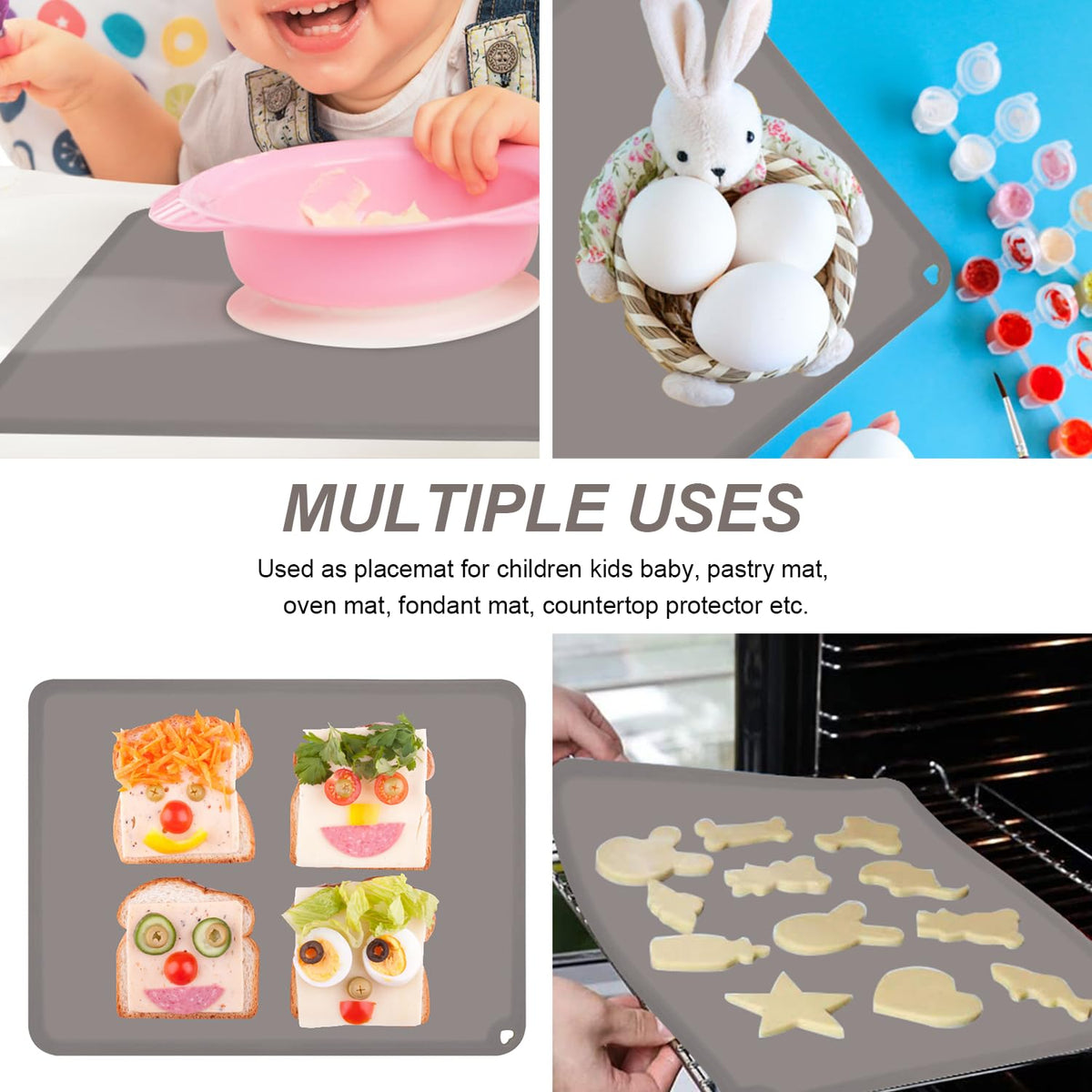 Silicone Placemat for Toddles Kids Non-Slip Reusable Portable Baby Placemats for Restaurant Stain-Proof Children Food Mats Eating Table Mat 2 Pack (Charcoal&Silver Gray)