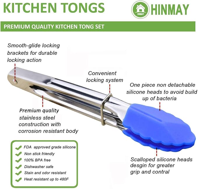 Small Tongs with Silicone Tips 7-Inch Serving Tongs, Set of 3 (Blue)