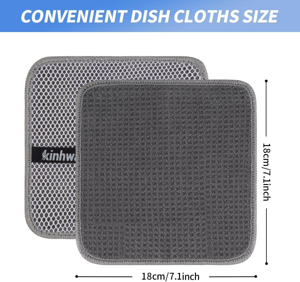 KinHwa Kitchen Washcloths for Dishes Absorbent Microfiber Dish Cloths Quick Dry Dish Rags with Poly Scour Scrub Side Ideal for Kitchen Cleaning(9, Grey, 7in)