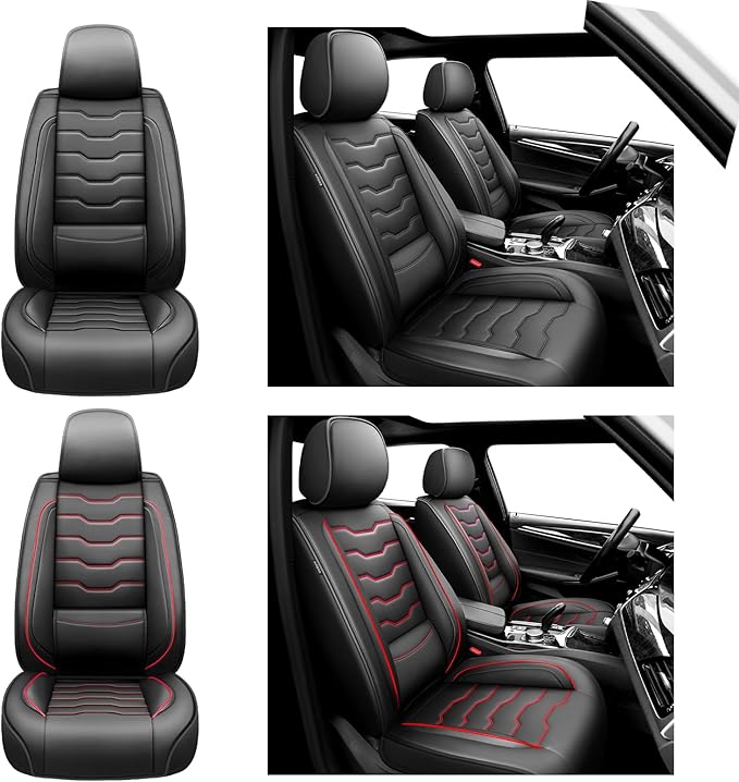 Fit Juke Car Seat Covers Compatible with Nissan Juke 2012-2015 2016 - Full Set Premium Leather， Waterproof Breathable， All-Weather Seat Cushion Protecto&Airbag Compatible（Red Line Black