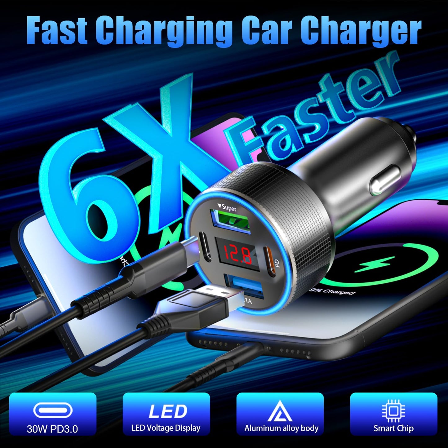 ANEXTIDE Car Charger USB C Fast Charging with 60W USB-C Cable, 78W 4 Port Metal USB Car Charger Adapter, PD QC3.0 Cigarette Lighter Adapter for iPhone 17 16 15 Pro Max, iPad, Samsung Galaxy, Android