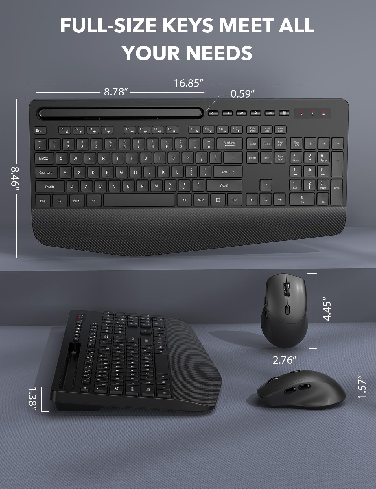 Wireless Keyboard and Mouse Combo - Full-Sized, Ergonomic Wrist Rest