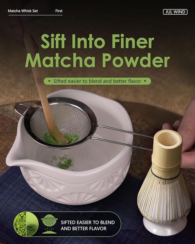 Matcha Whisk Set, Ceramic Matcha Set Includes Matcha Bowl with Spout, Matcha Whisk and Holder, Bamboo Scoop, Sifter and Tea Towel - 6 Pcs Matcha Kit Gift for Matcha Lovers (White)