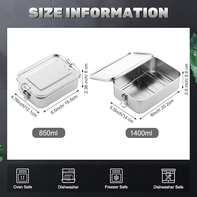 Umigy 4 Pcs Stainless Steel Food Containers 850/1400ml Metal Bento Lunch Box Stainless Steel Food Storage Containers, Lockable Clips to Leak Proof, Reusable Dishwasher Snack Boxes for Work