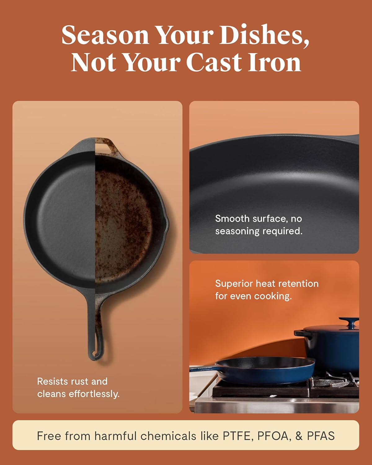 Caraway Cast Iron Skillet - 12” Enameled Cast Iron Pan With 3 Layer Enamel Coating - No Seasoning Required - Compatible With All Stovetops - Free From Forever Chemicals - Midnight Blue