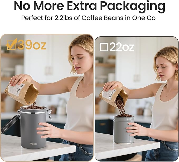 Veken Coffee Canister, 39OZ Large, Airtight Stainless Steel Food Storage Container for 2.2lbs Coffee Beans,Ground, Sugar,Espresso,Rice,Tea,Flour, Cereal,Home Kitchen Pantry Bar Accessories, Gifts,Gray