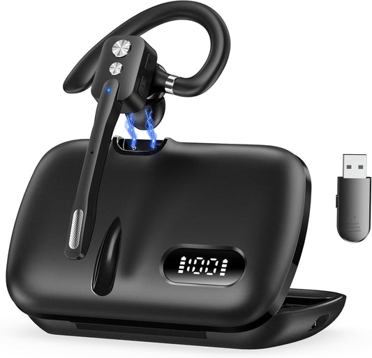 Bluetooth Headset, Wireless Bluetooth Earpiece with Dual-Mic & Noise Canceling, Single Ear Headset with Mute for Business, Remote Work, V5.3 Hand-Free Headset for iOS Android Cell Phone (Black)