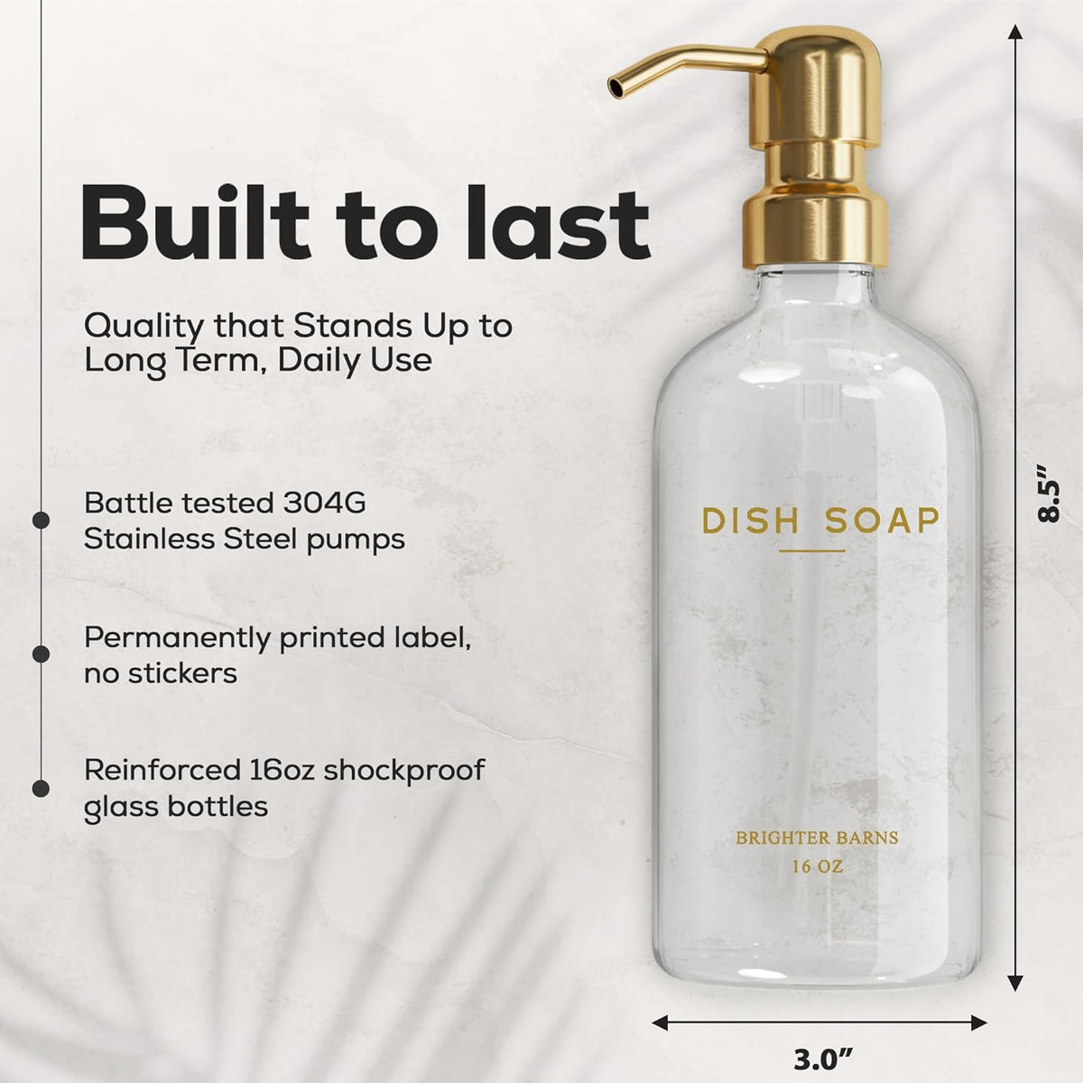 Luxury Glass Soap Dispenser Set by Brighter Barns - Hand and Dish Soap Dispenser for Kitchen Sink - Refillable Glass Bottles with Stainless Steel Pumps - Modern Gold Kitchen Decor & Accessories (Gold)