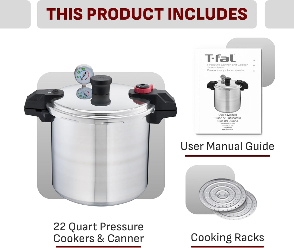 T-fal Pressure Cooker Aluminum Pressure Canner, 22 Quart, 3 PSI Settings, Cookware, Pots and Pans, Large Capacity, Cooling Racks, Recipe Booket, Canning Vegetables, Meats, Poultry, Seafood, Silver