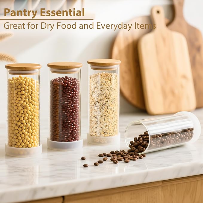 TBWIND 34oz Round Glass Storage Containers with Bamboo Lids – 6 Pack Medium Clear Food Airtight Glass Jars for Pantry Organizers and Storage, Kitchen Dry Food, Flour, Cereal, Coffee Beans & Staples