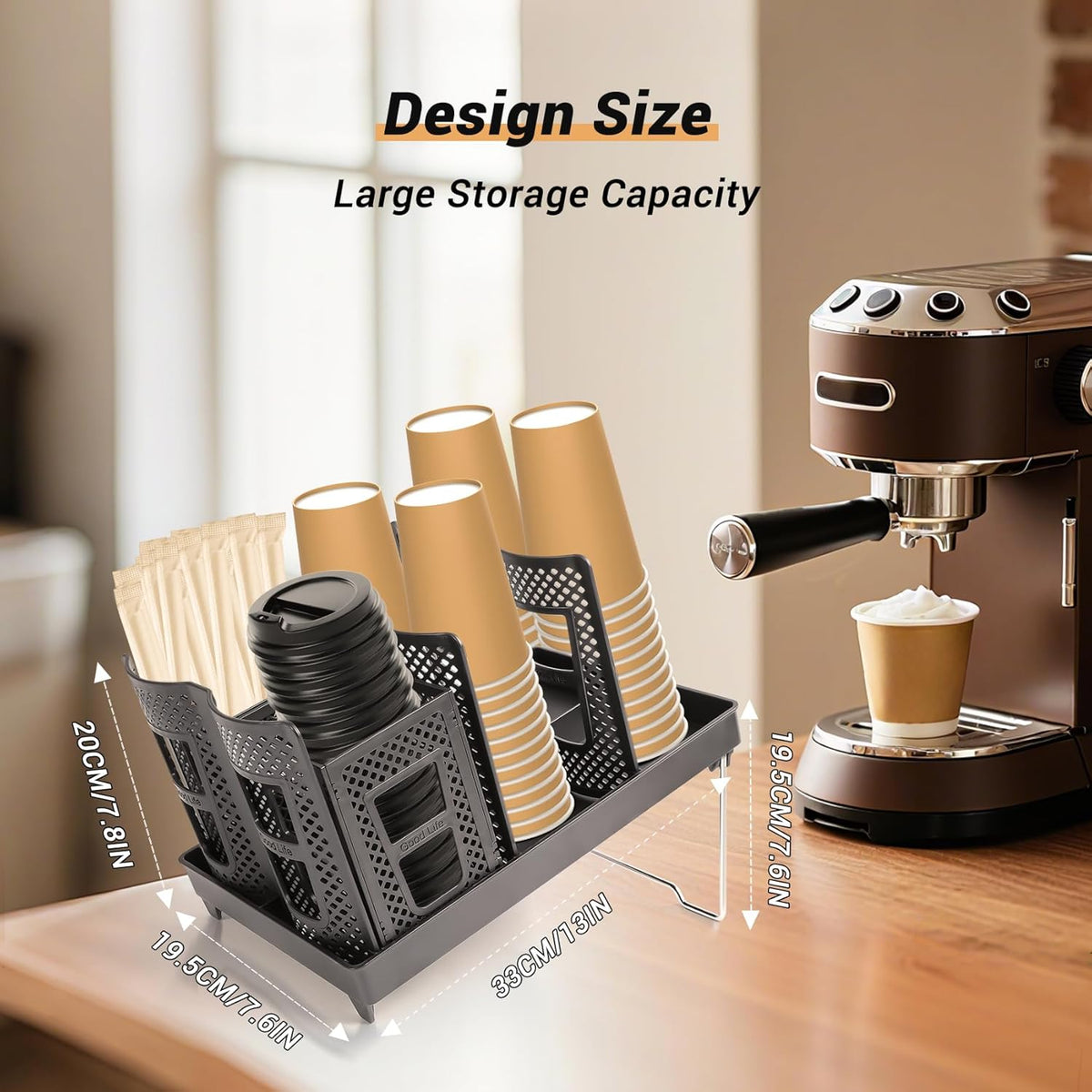 6 Slots Coffee Cup Holder for Countertop - Disposable Cup Holder with Foldable Stand, Paper Cup Dispenser with Mesh Baske for Coffee Station, Bar, Office, Home, Restaurant, Black