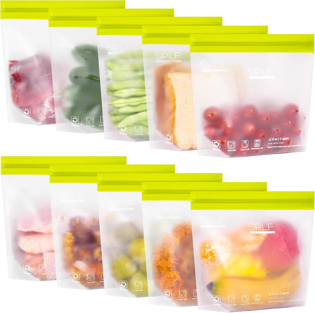 SPLF 10 Pack Stand-Up Reusable Quart Freezer Bags Dishwasher Safe, Extra Thick Leakproof 1 Quart Food Storage Bags, BPA Free Bags for Meal Prep, Sandwich, Snack, Fridge Organization