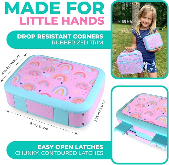 Bento Lunch Box with Insulated Bag, Water Bottle & Ice Pack Set for Kids Toddlers, 4 Portion Sections, Removable Tray, Pre-School Girl Kid Toddler Daycare Lunches, Snack Container, Purple Rainbow