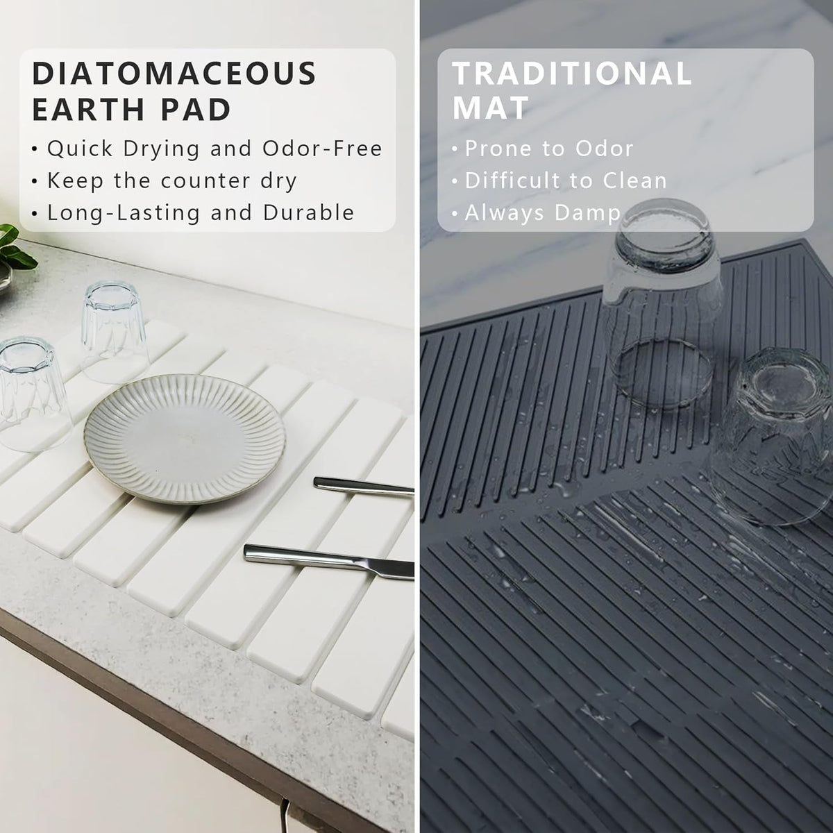 Large Stone Drying Mat for Kitchen Counter Diatomaceous Earth Collapsible 24”（L）*16”（W）Super Heat Resistant Mats, Quick Absorbent Dish Drying Rack（Light Gray）