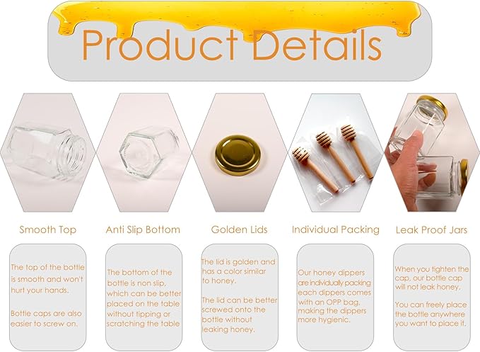 Adabocute 4oz Hexagonal Honey Jars - Glass Honey Jars with Gold Lids, Wooden Dippers, Bee Charms and Jutes - Hexagon Jars for Baby Shower, Wedding and Party Favors, 12 Pack