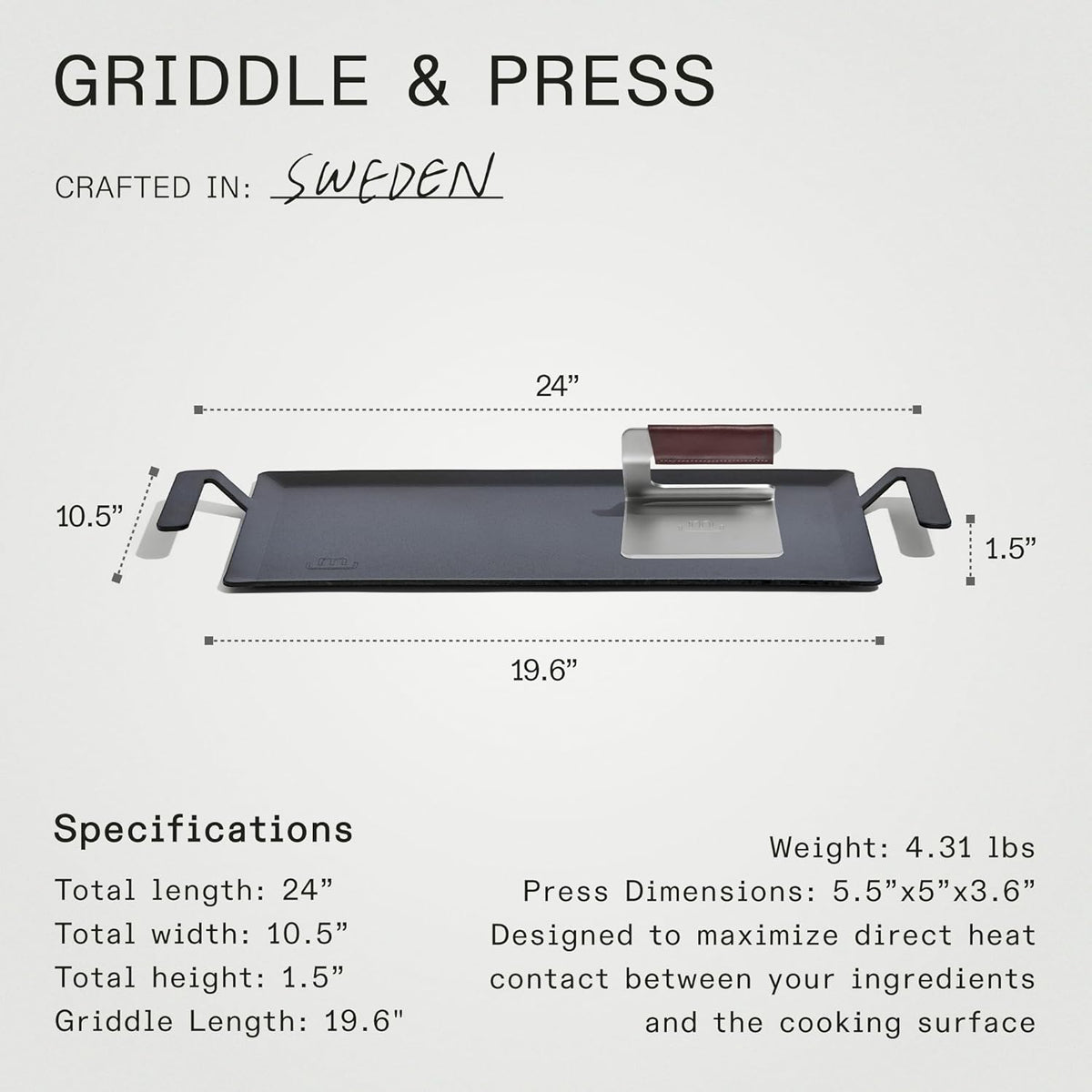Made In Cookware - Carbon Steel Griddle + Grill Press - (Like Cast Iron, but Better) - Professional Cookware - Crafted in Sweden - Induction Compatible