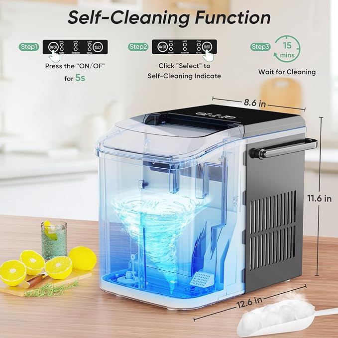 DUMOS Countertop Ice Maker with Handle, 26lbs/24H Portable Ice Machine, 9 Bullet Cubes Ready in 6 Mins, Self-Cleaning, Quiet Compact for Home, Kitchen, RV, Camping, Bright Black