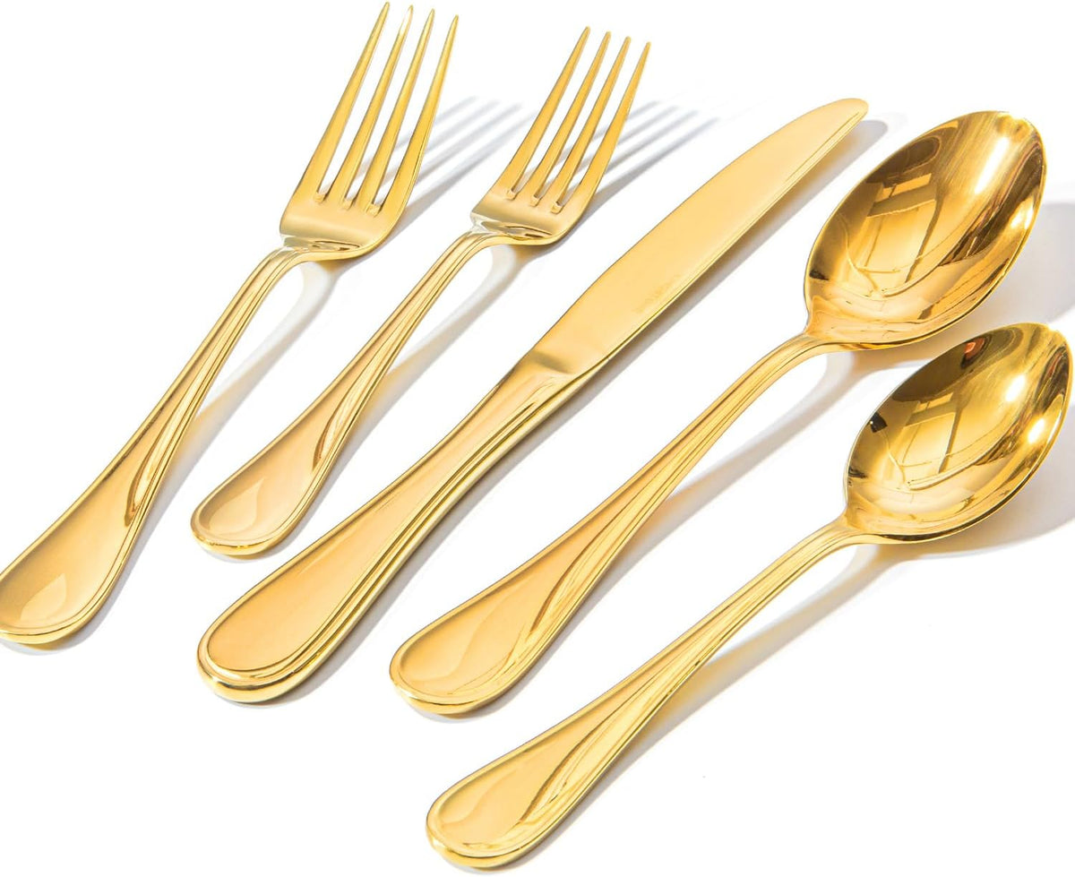 KINGSTONE 40 Piece Teardrop Silverware Set for 8, 18/10 Stainless Steel Flatware Set, Modern Design Cutlery Set for Home/Hotel/Wedding,Mirror Polished and Dishwasher Safe, Gold