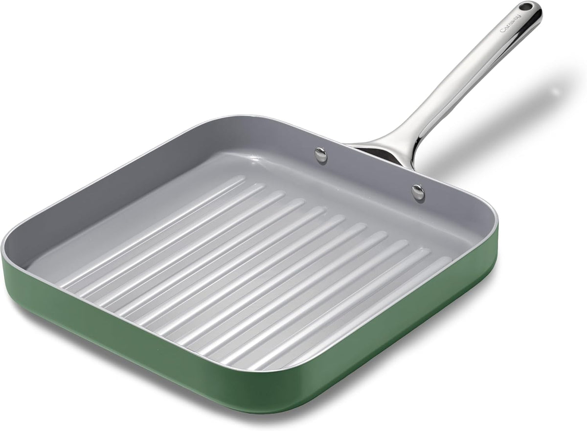 Caraway Square Grill Pan - 11” Grill Pan - Non-Stick Ceramic Coated - Non Toxic, PTFE & PFOA Free - Oven Safe & Compatible with All Stovetops - Sage