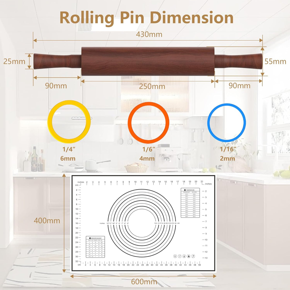 Classic Wooden Rolling Pin with Handle and Pastry Mat for Fondant, Pizza, Pies, Cookies,Rolling Pin for Baking with 3 Multi-Color Thickness Rings,17" x 2.5" (Include handle)