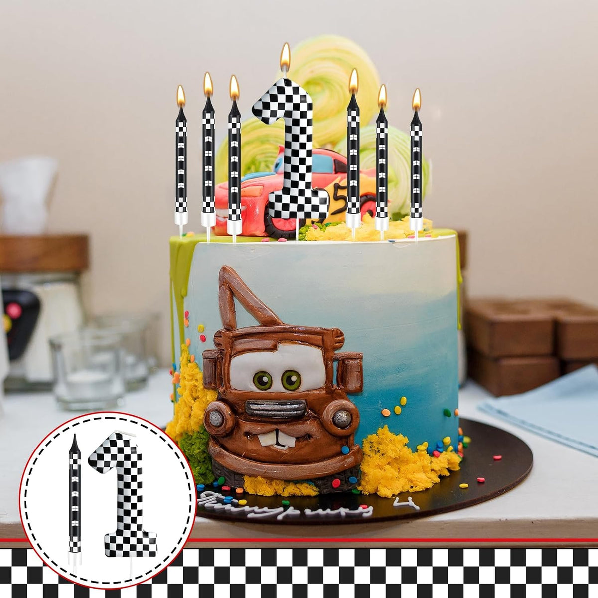 13 Pcs Racing Cars Themed Birthday Candles Black and White Race Number 1 Checkered Candle Cake Topper for Racing Car Party Decoration Supplies (Number 1)