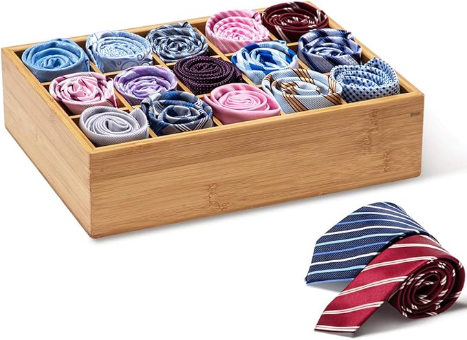 GOBAM Bamboo Closet Drawer Divider - Storage Organizer with 15 Compartments, Drawer Organizer, Storage Box for Belts, Ties, Bras, Briefs, Socks & Jewelry - Natural