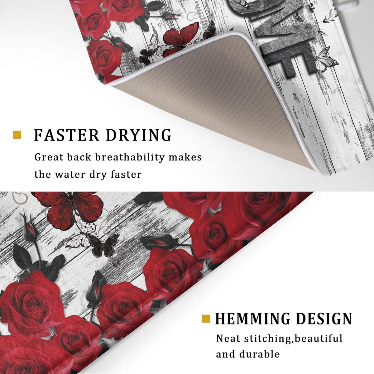 Red Rose Dish Drying Mat 18x24 inch Romantic Floral Absorbent Microfiber Sink Counter Dishware Drainer Pad for Kitchen Coffee Bar Decor