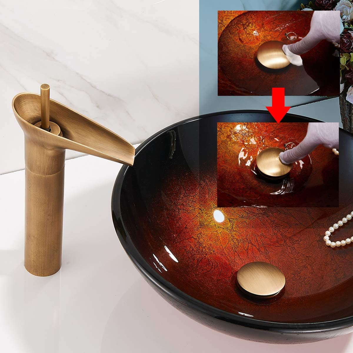 Antique Brass Pop UP Drain, Bathroom Vessel Lavatory Vanity Faucet Sink Stopper, Built-in Anti-Clogging Strainer, Fits Standard American Drain Hole(1-1/2" to 1-3/4"),Without Overflow RWF082S