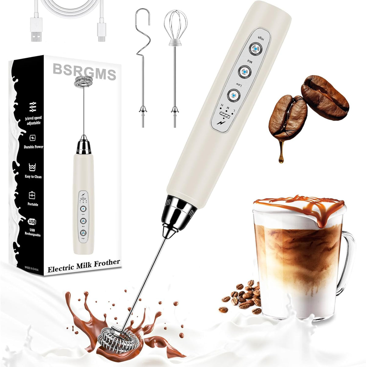 Milk Frother Handheld for Coffee, Electric Whisk 3 Speed Adjustable, Drink Mixer with Stainless 3 Whisks, Rechargeable Hand Frother Wand, for Latte Cappuccino Hot Chocolate Egg Beige