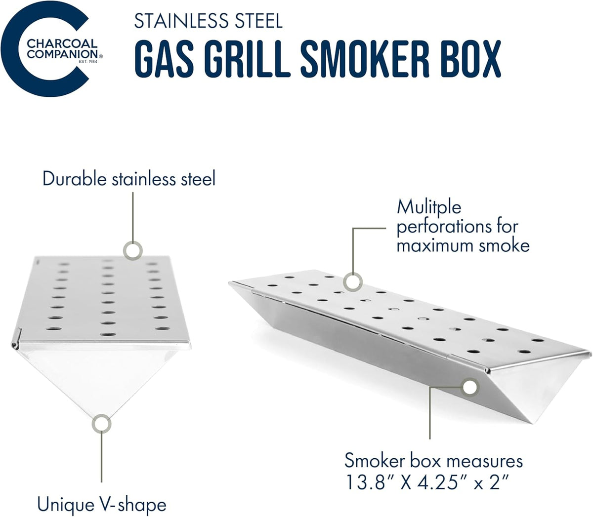 Charcoal Companion V-Shaped Heavy Duty Stainless Steel Smoker Box for Gas & Charcoal Grills - Nonstick BBQ Smoker Box with Lid for Wood Chips, Pellets, Chunks - Ideal for Smoking Meat & Fish (Silver)