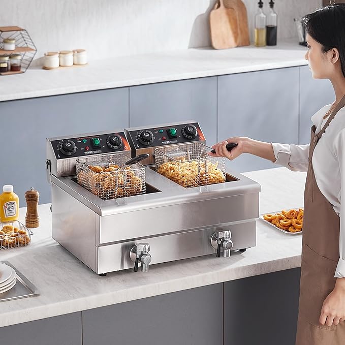 VEVOR Commercial Deep Fryer, Dual Tank 3000W Electric Countertop Fryer with Basket, 2 x 11.6Qt/11L Double Stainless Steel Oil Fryer with Drain, Time & Temp Control, for Kitchen Restaurant Use