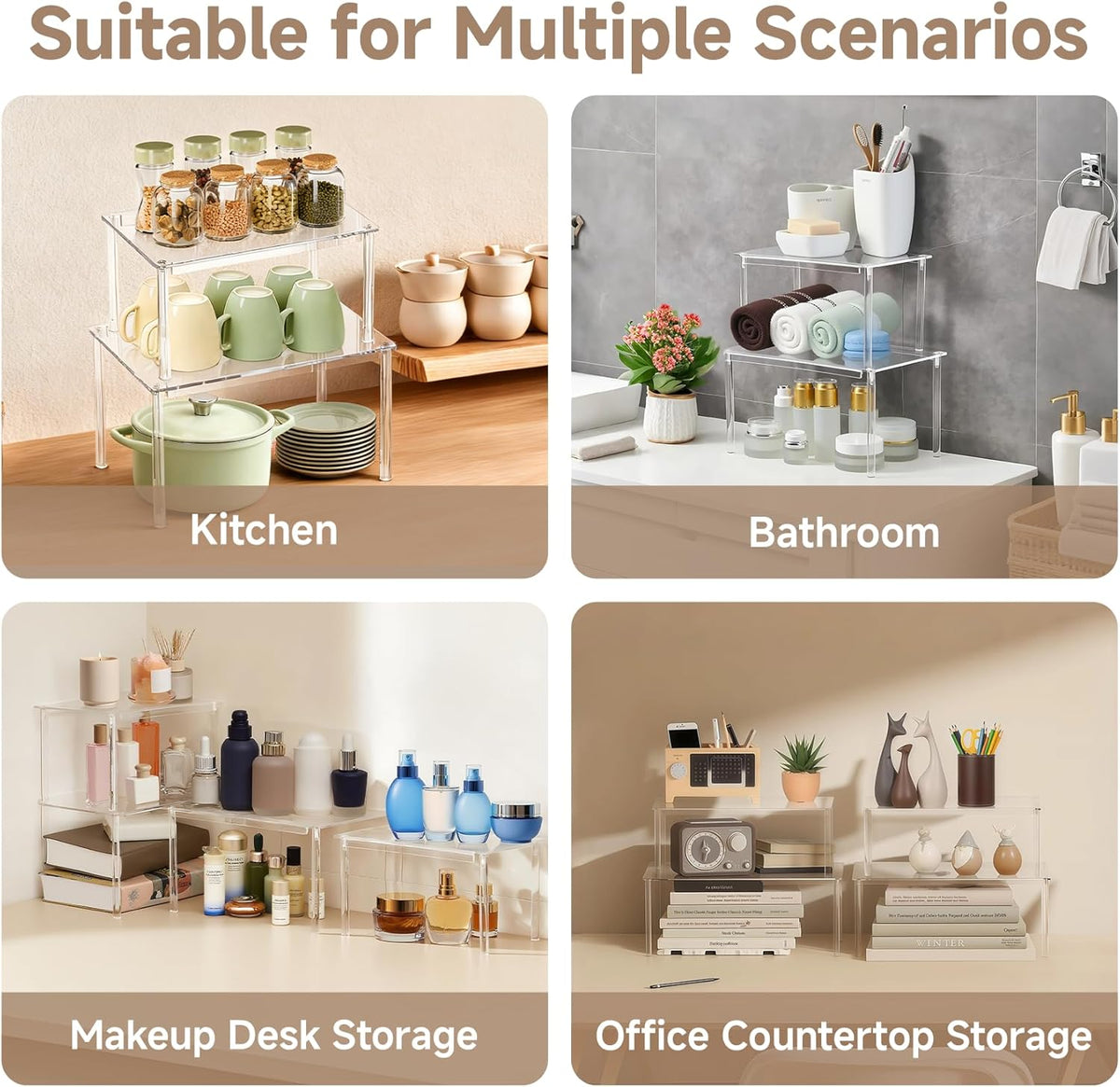 Clear Kitchen Cabinet Organizer, Set of 4 Stackable Spice Rack, Acrylic Shelves for Pantry Organizers and Storage, Tiered Spice Organization for Cabinet, Shelf Organizer for Desk Countertop