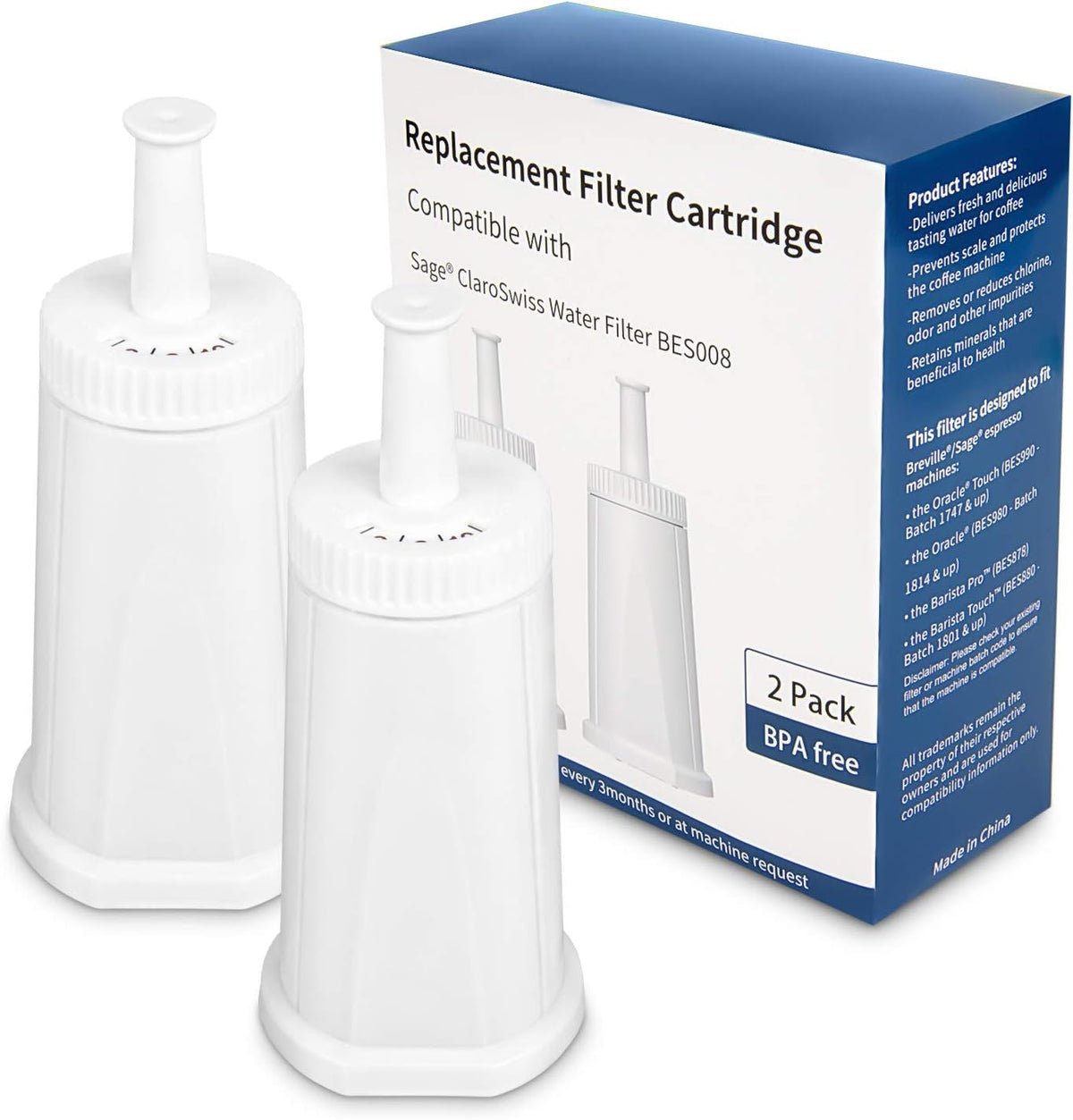 Filter - Replacement Water Filter Compatible with Breville Sage Claro Swiss For Oracle, Barista & Bambino - Compare to Part #BES008WHT0NUC1.(Pack of 2) (2) (2)