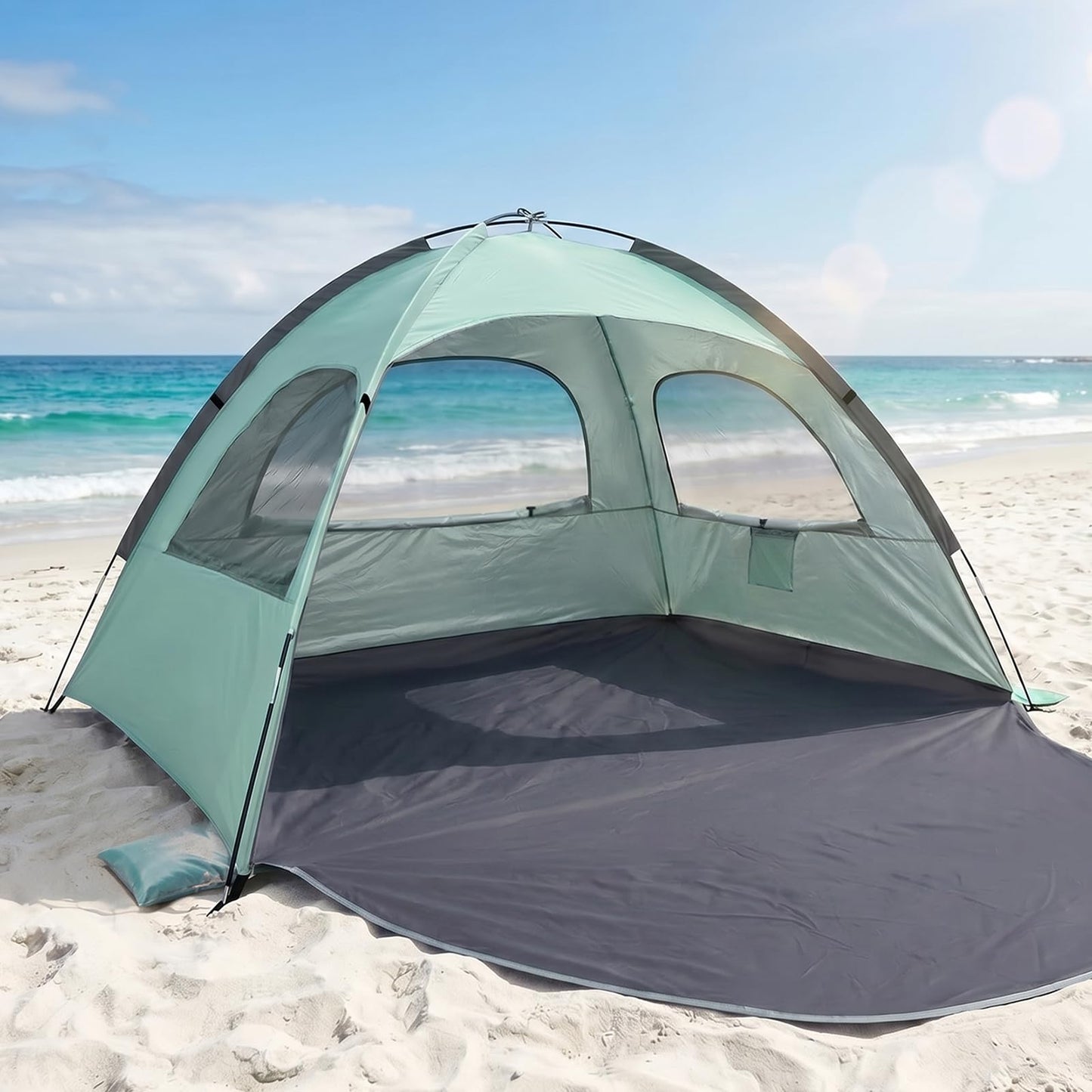 WhiteFang Beach Tent Anti-UV Portable Sun Shade Shelter for 3 Person, Extendable Floor with 3 Ventilating Mesh Windows Plus Carrying Bag, Stakes and Guy Lines (Mint Green)