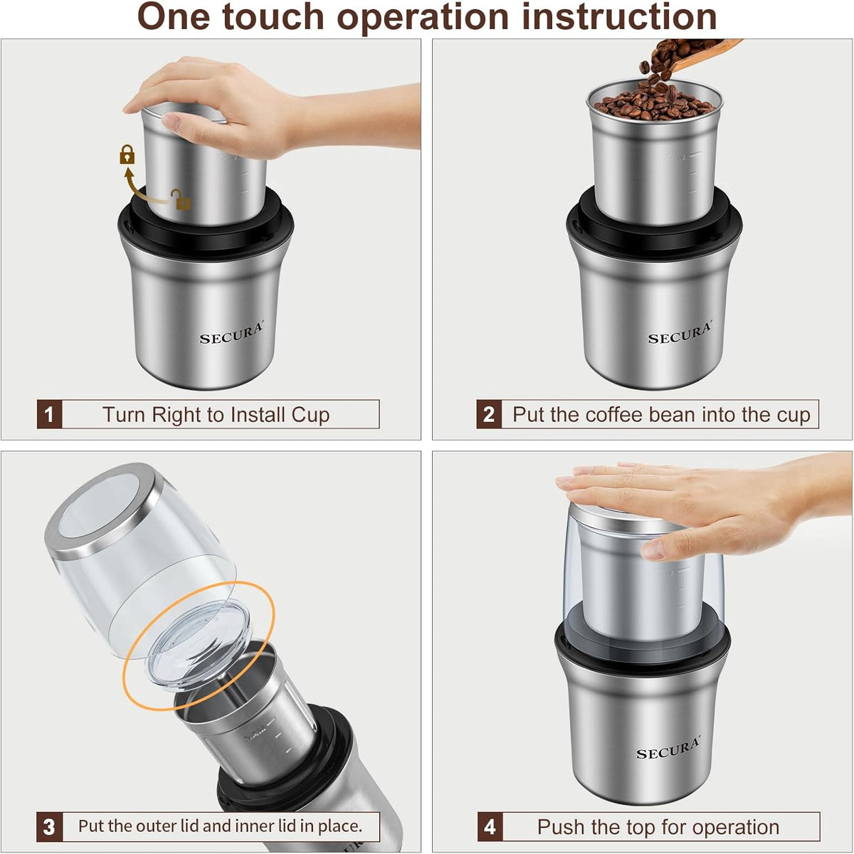 Secura Electric Coffee Grinder and Spice Grinder with 1 Stainless Steel Blades Removable Bowl, Dry Grinding