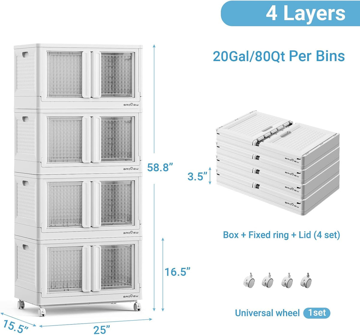 400Qt Stackable Storage Bins with Lids, 100Gal Closet Organizers and Storage Drawer, Plastic Collapsible Storage Bins with Doors, Heavy Duty Store Box Cabinet for Home Office, 4Pack White
