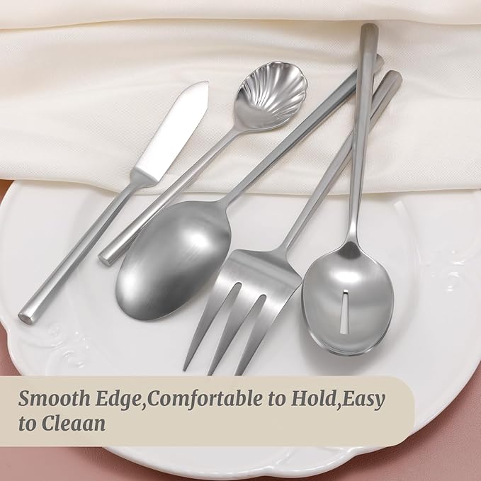 DEACORY Hexagon Serving Silverware Serving Set Flatware Set Cutlery Set Utensil Serving Set Stainless Steel Matte Silver 45 Pieces Service for 8