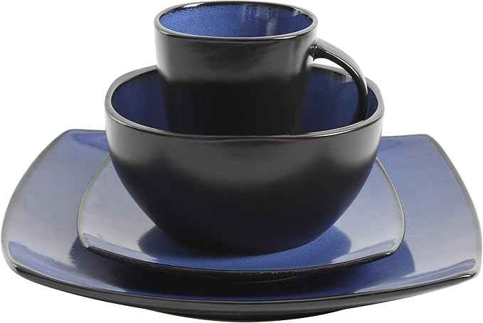 Gibson Elite Soho Lounge Square Reactive Glaze Stoneware Dinnerware Set, Service for 4 (16pc), Sapphire