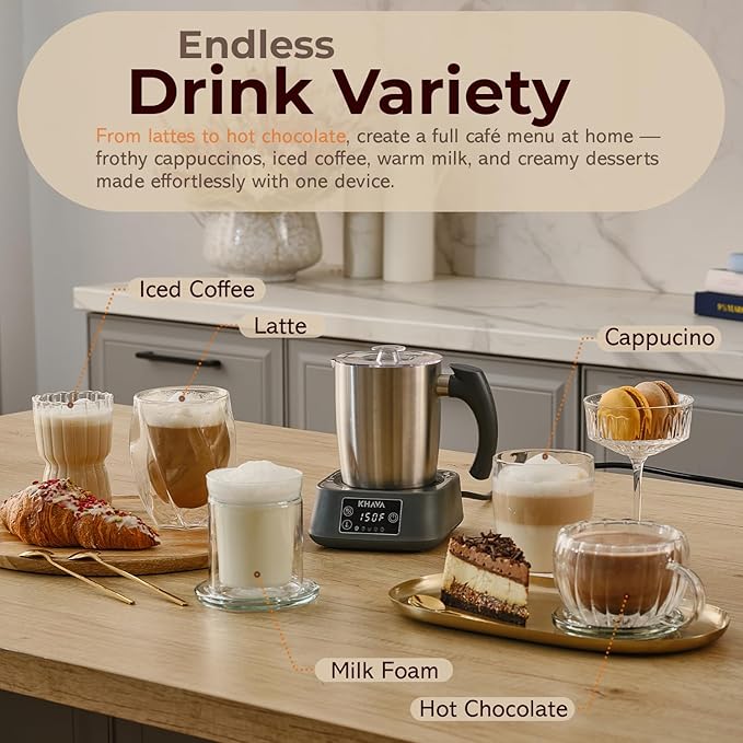 KHAVA 5-in-1 Electric Milk Frother and Steamer, Hot Cold Foam Maker & Milk Heater, Automatic Milk Warmer for Coffee, Latte, Hot Chocolate, 17oz Stainless Steel Pitcher Detachable for Dishwasher Safe