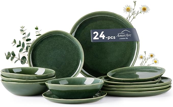AmorArc Ceramic Dinnerware Sets,Handmade Reactive Glaze Stoneware Plates and Bowls Set,Highly Chip and Crack Resistant | Dishwasher & Microwave Safe Dishes Set,Service for 8 (24pc)