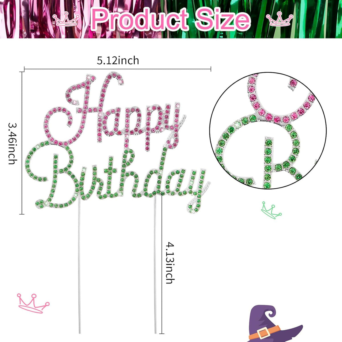 Happy Birthday Cake Topper Pink & Green Rhinestones Wicked Themed Cake Topper for Birthday Party Decorations